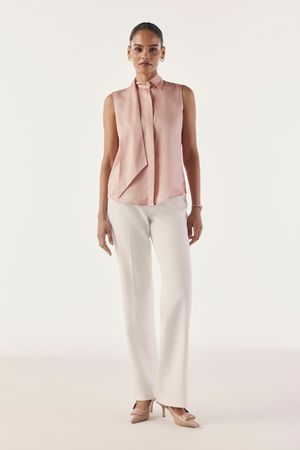 Extended Collared Tie Satin Shirt