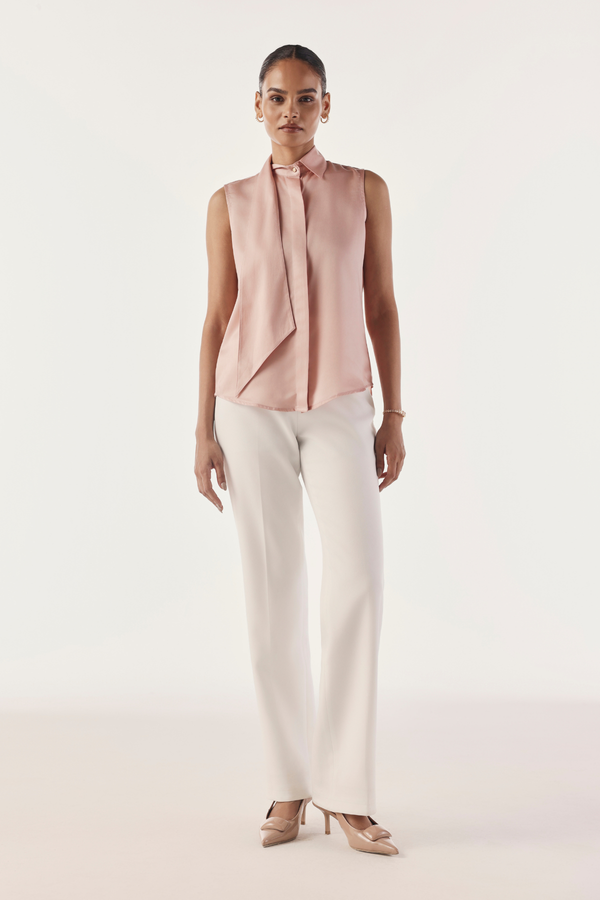 Extended Collared Tie Satin Shirt