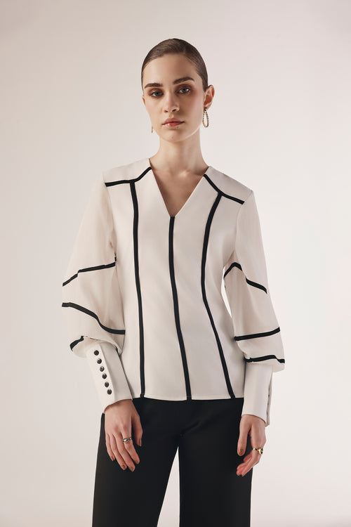 Contrast Piped Sheer Sleeved Top