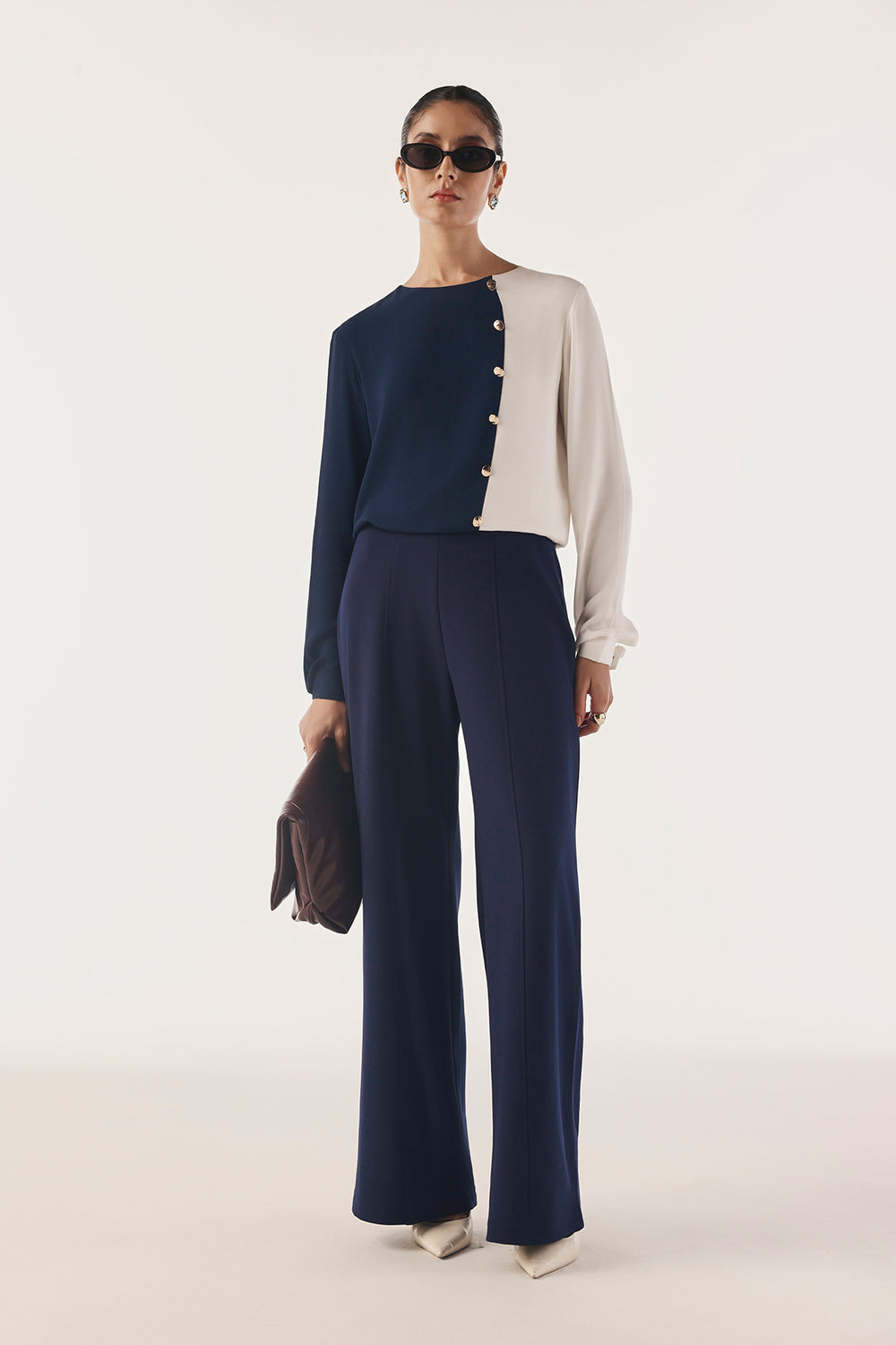 Color Blocked Button Trim Top