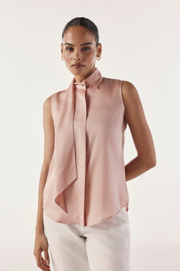 Extended Collared Tie Satin Shirt