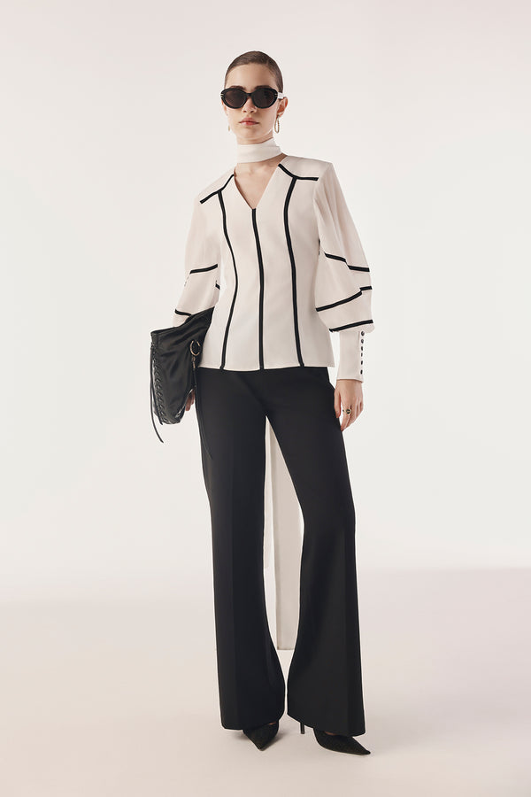 Contrast Piped Sheer Sleeved Top