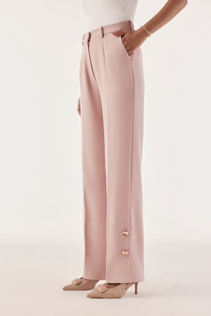 Button Trim High-Waist Straight Trousers