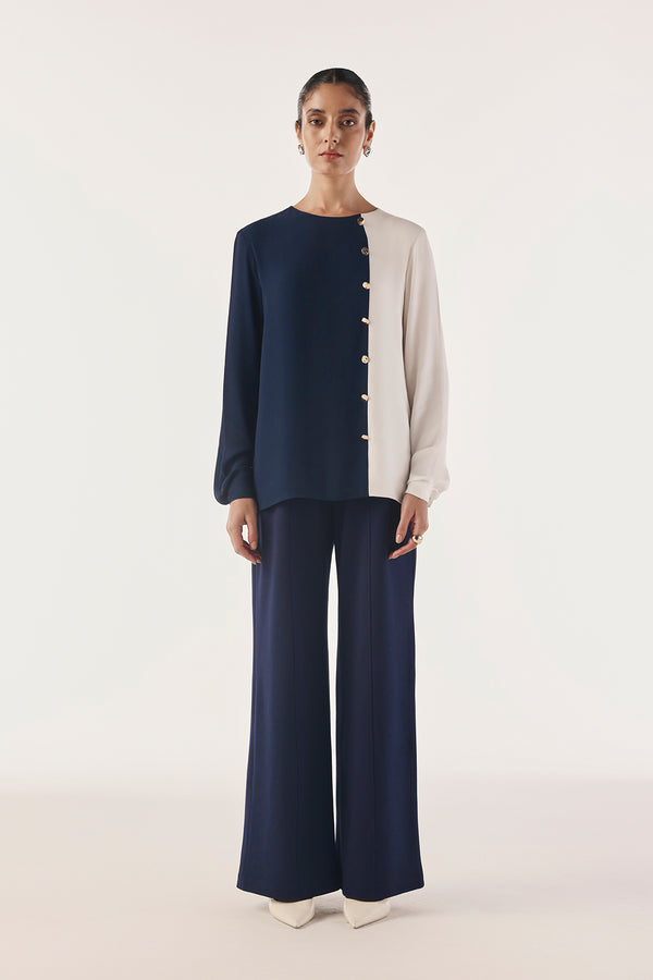 Color Blocked Button Trim Top