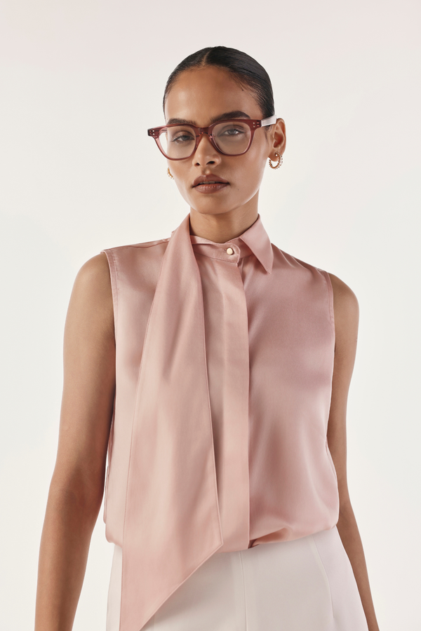 Extended Collared Tie Satin Shirt