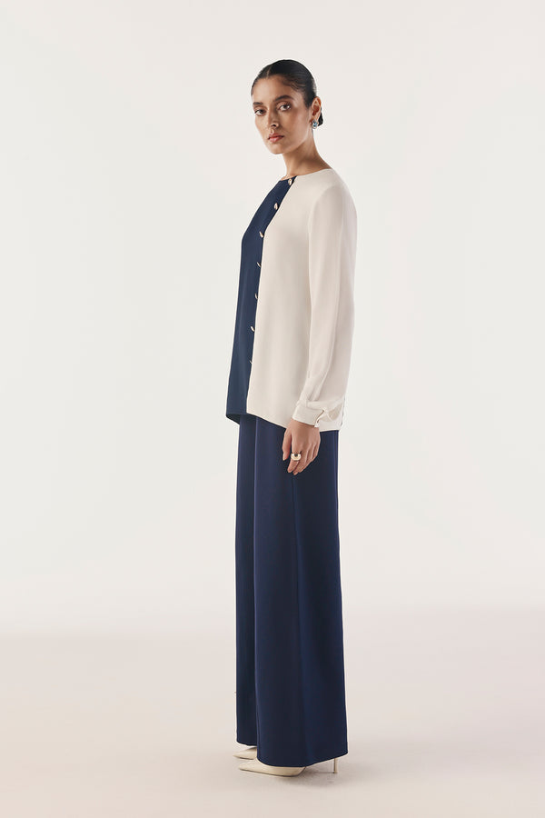 Color Blocked Button Trim Top