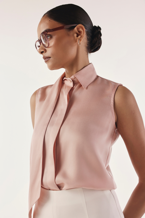 Extended Collared Tie Satin Shirt