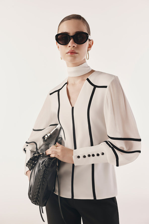 Contrast Piped Sheer Sleeved Top