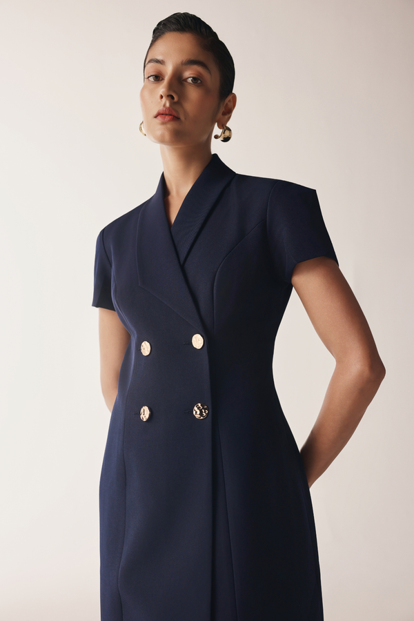 Deconstructed Double-Breasted Blazer Dress