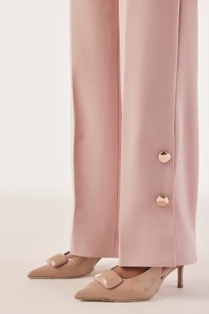 Button Trim High-Waist Straight Trousers