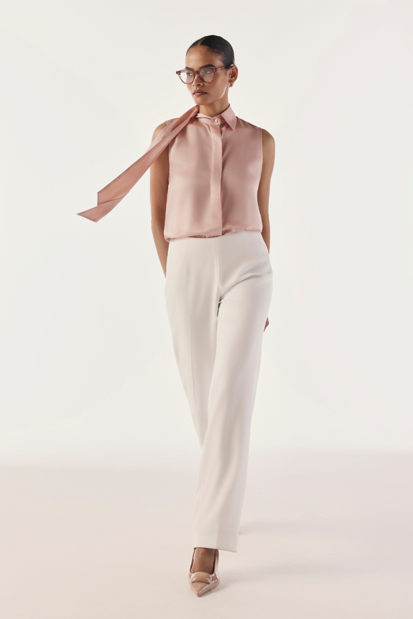 Extended Collared Tie Satin Shirt