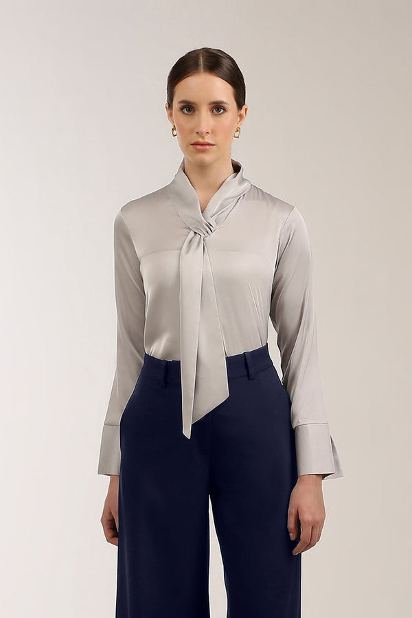Constructed Tie Collar Satin Top