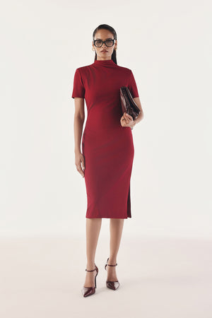Pleated High-Neck Contour Dress