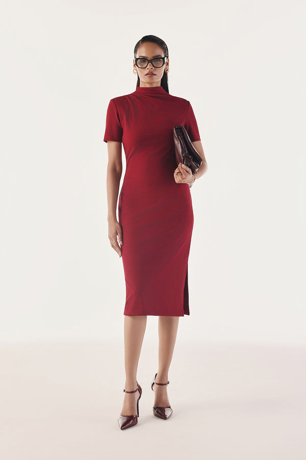 Pleated High-Neck Contour Dress