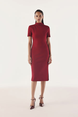 Pleated High-Neck Contour Dress