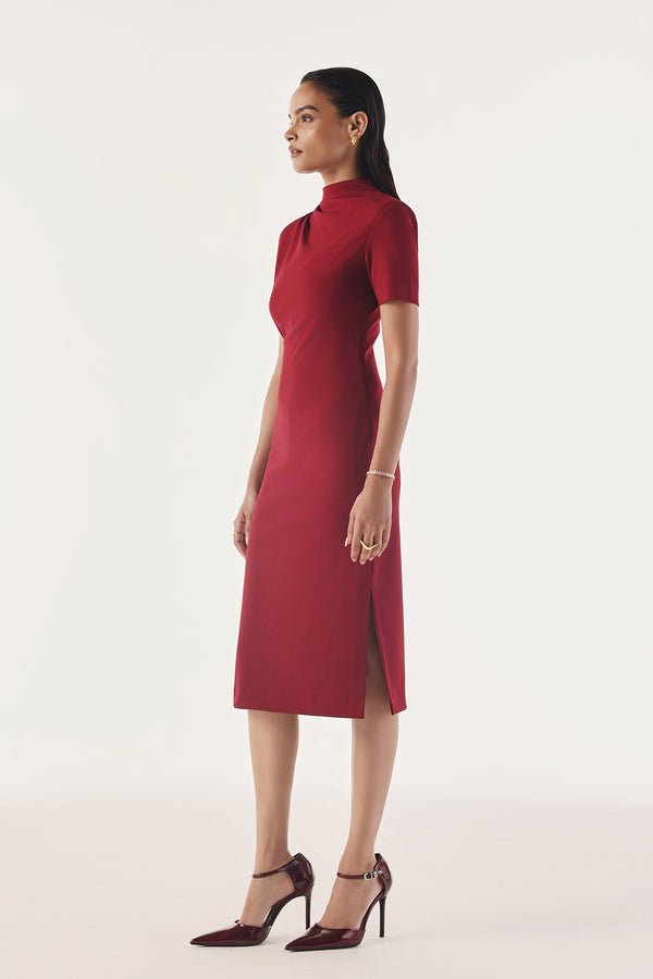 Pleated High-Neck Contour Dress