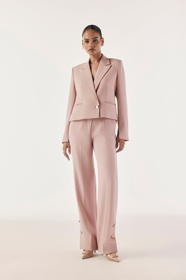 Button Trim High-Waist Straight Trousers