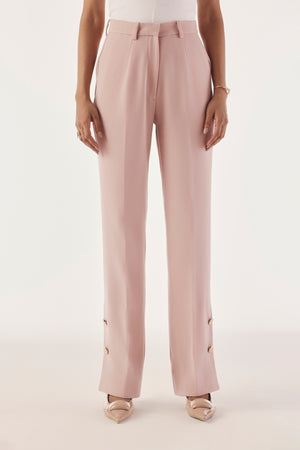 Button Trim High-Waist Straight Trousers