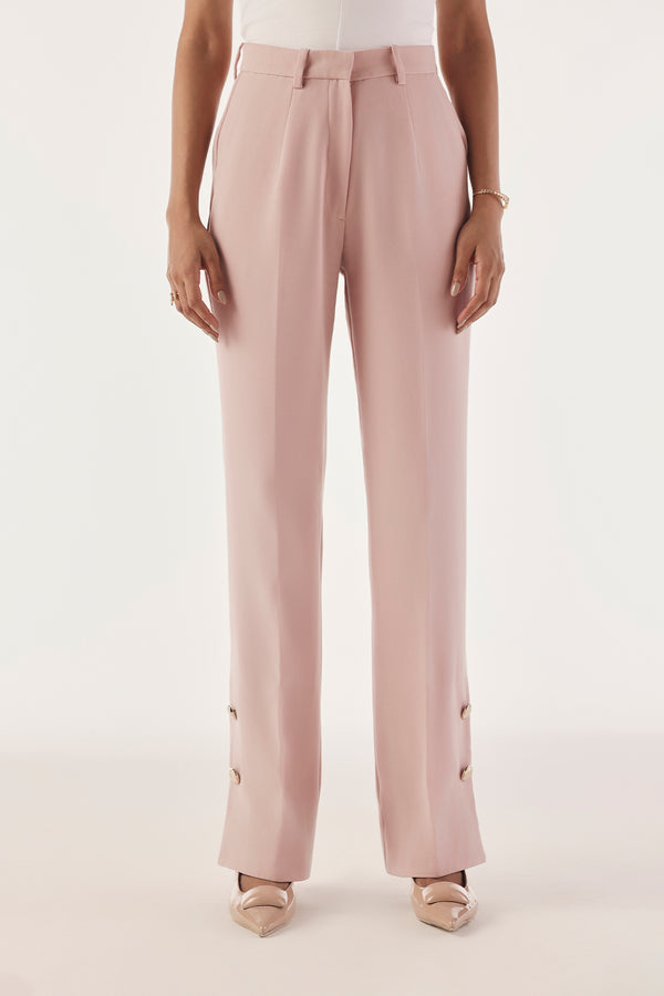 Button Trim High-Waist Straight Trousers