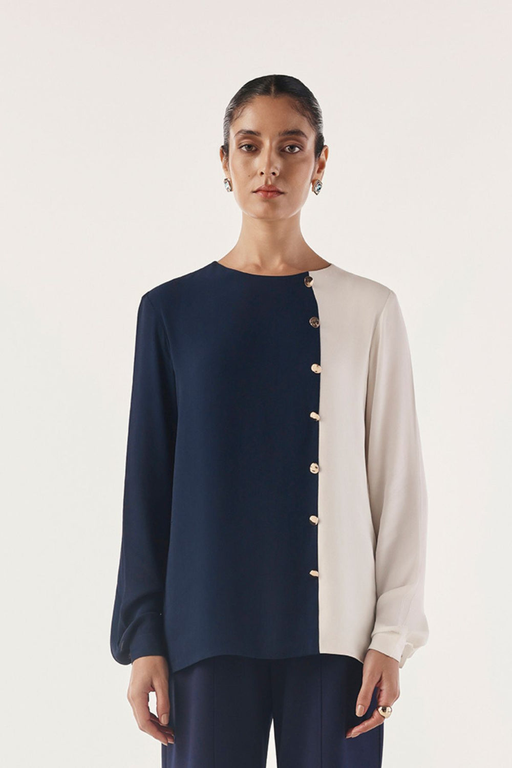 Color Blocked Button Trim Top