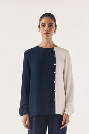 Color Blocked Button Trim Top