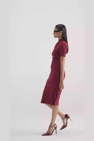 Pleated High-Neck Contour Dress